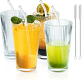 KEMORELA 4-Pack Ribbed Drinking Glasses, 16 oz Vintage Highball Cups with Glass Straws, Old Fashioned Glasses, Elegant Tumblers for Water, Juice, Whiskey - Perfect for Iced Coffee and Cocktails