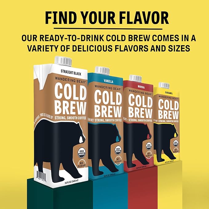 Wandering Bear Organic Caramel Cold Brew Coffee, 32 fl oz, 6 pack - Extra Strong, Bold, Smooth, Unsweetened, Shelf-Stable, Ready to Drink, Gluten Free, & Vegan, Iced Cold Brewed Coffee Drinks