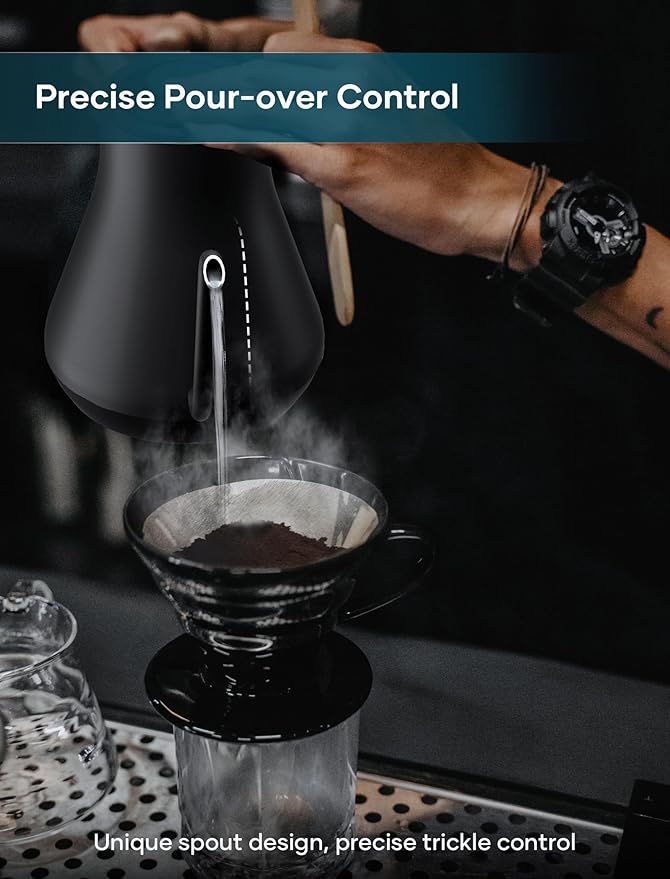 Electric Kettle, INTASTING Professional Gooseneck Kettles, 0.9L/30oz, 0.65mm Ultra-Fine Spout, Precise Water Flow Control, 304 Stainless Steel Inner, Auto Shut-Off, Boil Dry Protection, Matte Black