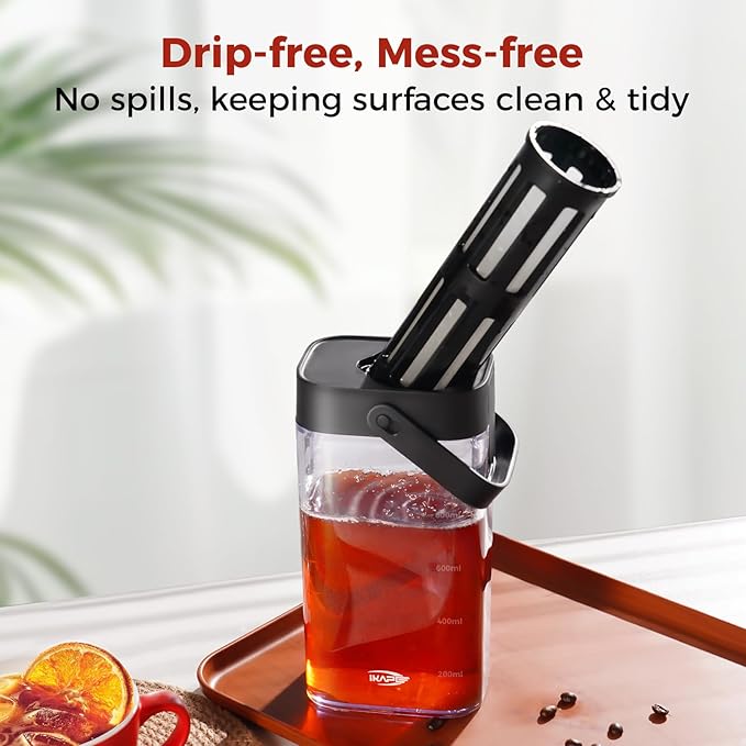 IKAPE 33.8oz Cold Brew Coffee Maker with Removable Filter, Leak-proof Spout for Iced Coffee, Tea & Flavored Drinks, Space Saving Tritan Pitcher