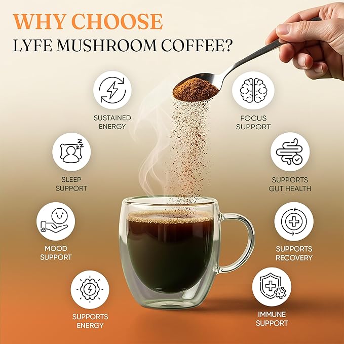 LYFE Organic Instant Decaf Mushroom Coffee – Lion’s Mane, Chaga, Cordyceps, Turkey Tail | USA Grown Adaptogenic Mushrooms for Better Energy, Focus, Gut Health, Immunity – 40 Servings