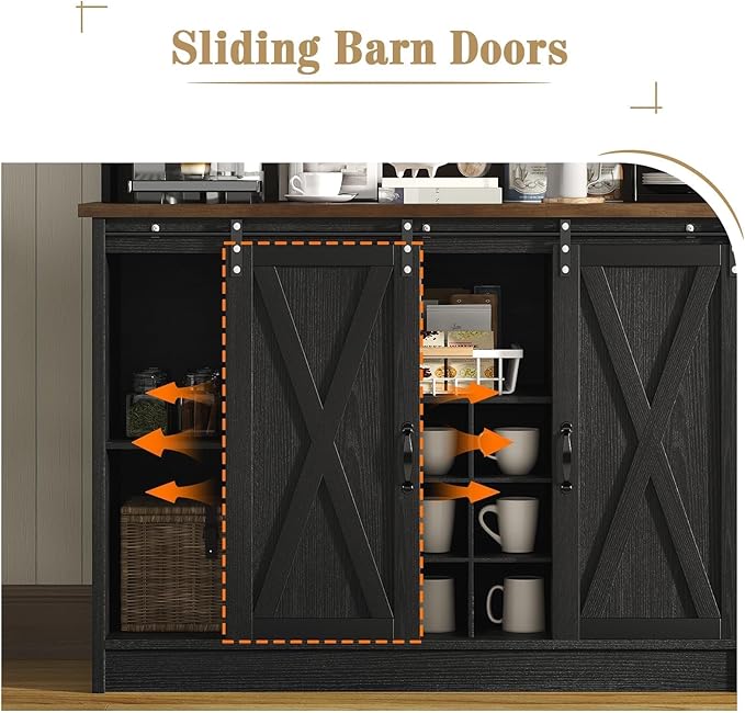 63" Farmhouse Coffee Bar Cabinet with Storage, Black Coffee Bar with Sliding Doors & Wine Racks, Hutch Cabinet with Storage, Adjustable Shelves, Wine Bar for Kitchen Living Dining Room, Black