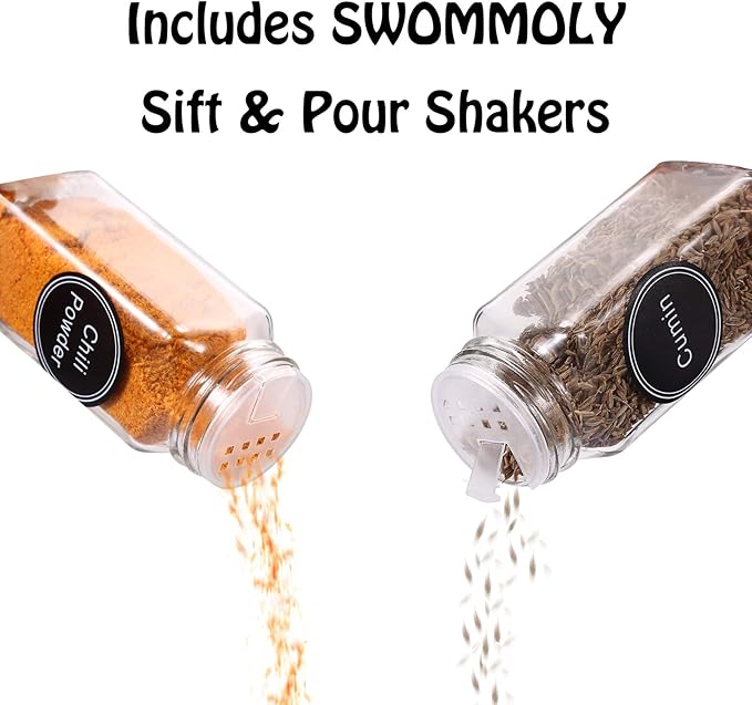 SWOMMOLY 48 Glass Spice Jars with 713 Spice Labels, Chalk Marker and Funnel Complete Set. 48 Square Glass Jars 4OZ, Airtight Cap, Pour/sift Shaker Lid