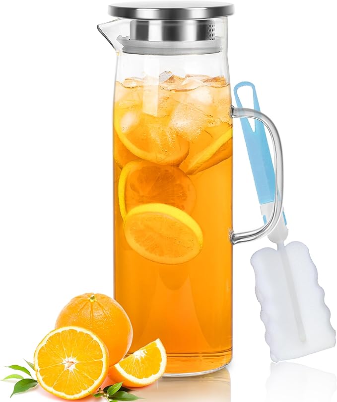 Joeyan 1.5 Liter 51oz Glass Pitcher with Lid, Fridge Door Glass Water Jug, Easy Clean Heat Resistant Water Carafe for Hot and Cold Beverages,Coffee, Iced Tea & Juice, Including Long-Handled Brush