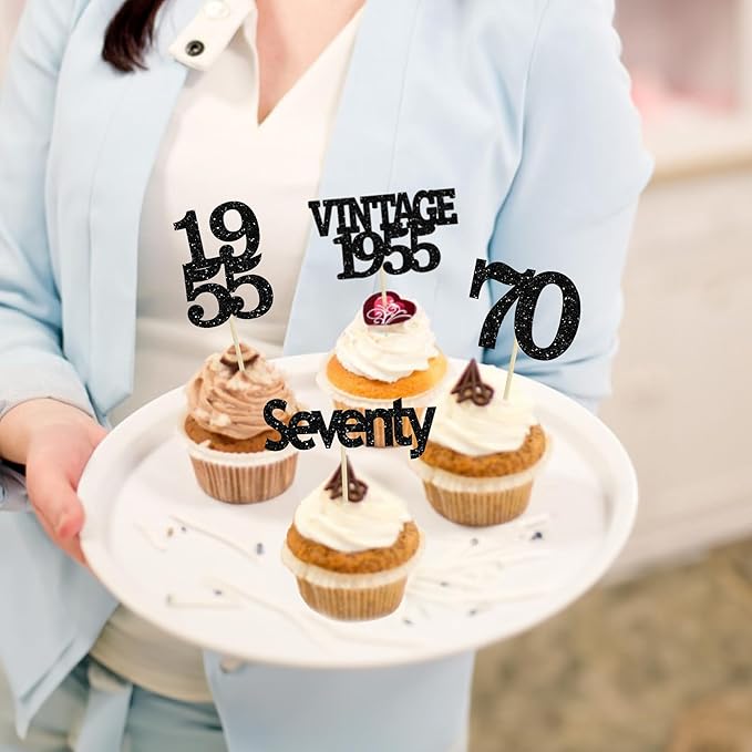 Gyufise 24Pcs Vintage 1955 Cupcake Toppers Glitter Cheers to 70 Fabulous Seventy Cupcake Picks 70th Birthday Wedding Anniversary Party Cake Decorations Supplies Black