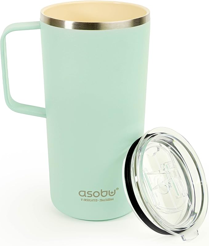 asobu Tower Mug Ceramic Inner Coated Insulated Stainless Steel Cup for Pure Tasting Coffee with Easy Hold Handle and Tritan Lid Fits Standard Cup Holders 20 Ounce Travel Mug (Mint)