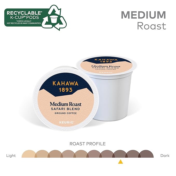 Kahawa 1893 Medium Roast Coffee K-Cup Pods Safari Blend (30 Count) - As Seen on Shark Tank, High Antioxidants, Naturally Sweet, Organically Grown & Cultivated, Ethically & Sustainably Sourced