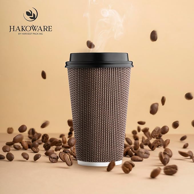 [85 SET]Harvest Pack 16 oz Coffee Cups, Disposable Insulated Ripple Coffee Cups, Double-Walled To go Cups with Lids, Brown Geometric, Drinking Paper Cups for Tea Hot Chocolate Drinks