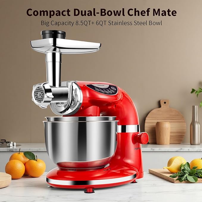 Aifeel Stand Mixer, 8.5QT+ 6QT Two Stainless Steel Bowls Electric Food Mixer, 7 in 1 Multifunctional Kitchen Mixer with Dough Hook, Whisk, Beater, Meat Grinder,Pasta & Cookie Maker-Red