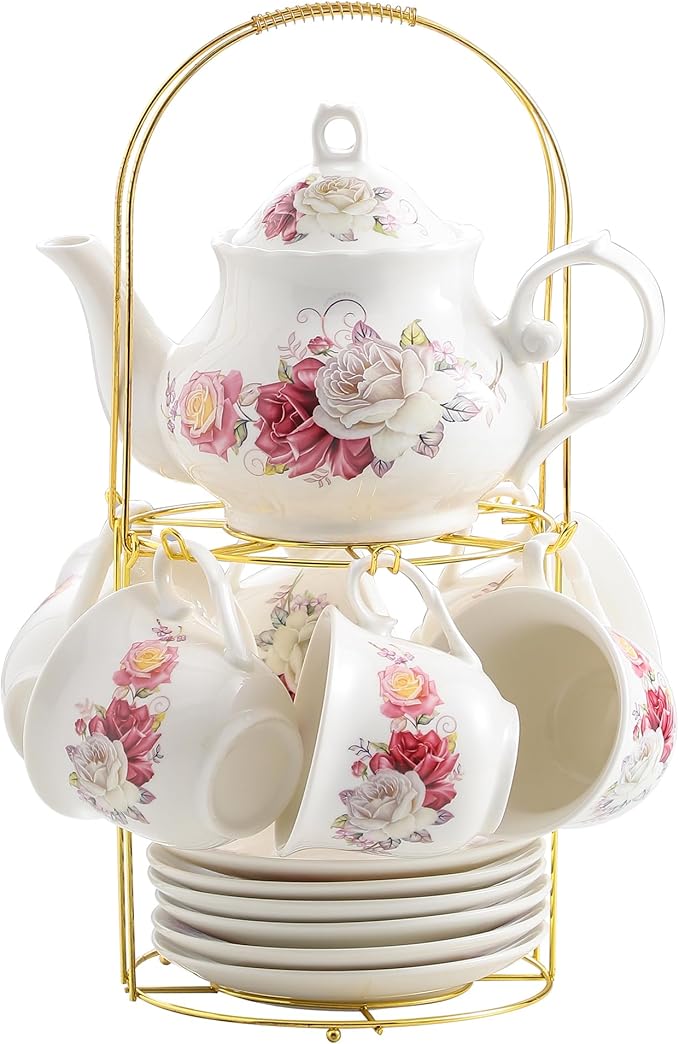 20-Pieces Porcelain Bone china Tea Sets,Gold Rim Coffee Set with Golden Metal Rack,Tea Gift Sets for Home&Party(003)