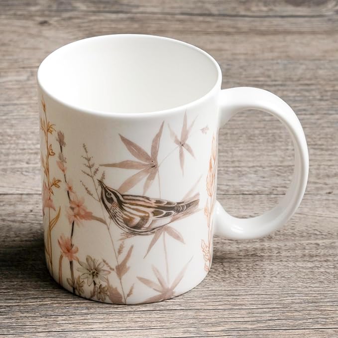 Maison d' Hermine Coffee Mug with Handles Fine Bone China Mugs Pack of One Tea Cups for Hot Beverages Cappuccino Latte Home Office Perfect for Gift (Meadow Florals - Beige Meadow Mornings, 15 Ounce)