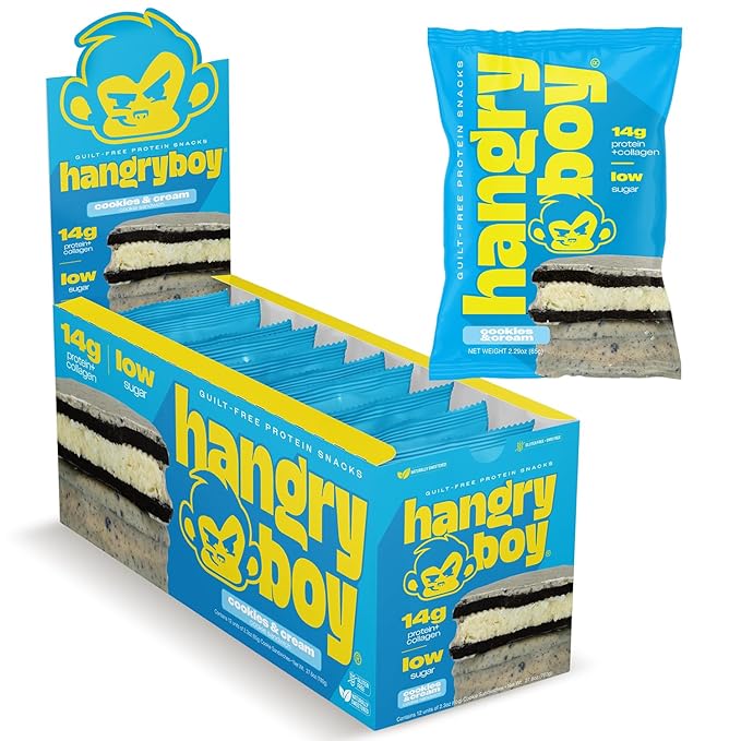Hangryboy Protein Cookie Sandwich – 14g High Protein, Gluten‑Free, GMO‑Free Cookies - Perfect on The Go Protein Snack, Cookies and Cream, 12‑Count Box