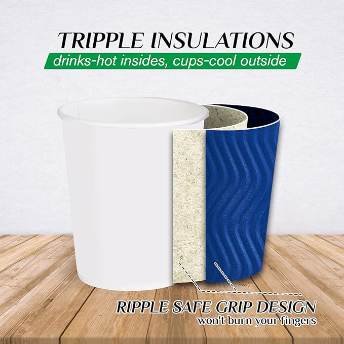JollyPack 60 Pack 12 oz Paper Coffee Cups, Blue Disposable Beverage Cups with Insulated Ripple Wall for Coffee, Tea, and Hot Chocolate