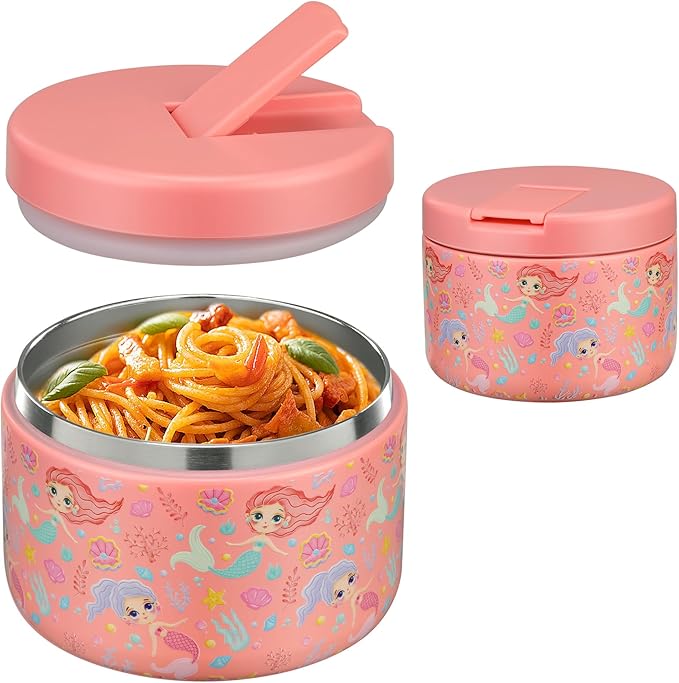 12oz Insulated Vacuum Food Jar with Buckle Lid Wide Mouth Soup Thermo for Hot Food Kids Leakproof Stainless Steel Lunch Container (mermaid)