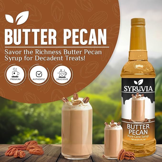 Syruvia Glazed Donut & Butter Pecan Coffee Syrup - 25.4 fl oz Premium Coffee Flavoring Syrup. No Coloring, Kosher, and Gluten-Free. Perfect for Drinks, Sodas, Shakes, Desserts, & More.