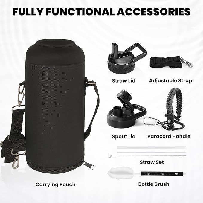 Insulated Water Bottle 87 oz, Triple Wall Vacuum Stainless Steel (Cold for 48 Hrs), Leak Proof & Non-BPA, Modern Water Flask Jug with Paracord Handle & Straw Spout Lids, Dark Grey
