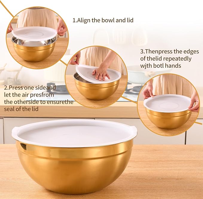 Gold Mixing Bowls With Airtight Lids,Stainless Steel Bowl,Salad Bowls 7 Piece Colorful Nesting Bowl Gold Kitchen Accessories,Size 7,3.6,2.7,2.1,1.5,1.1,0.8QT Stackable Design