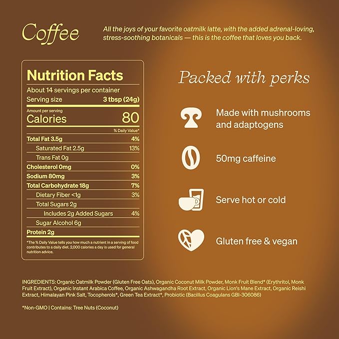 Clevr Blends Mushroom Coffee Latte, Instant Powder with Oat Milk, Lions Mane, Reishi Mushroom, Arabica Coffee Beans Medium Roast Fair Trade, Coconut Cream, Ashwagandha, Serve Hot or Iced, (14 Lattes)