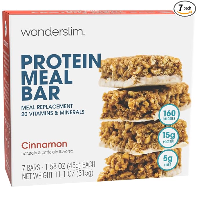 WonderSlim Meal Replacement Protein Bar, Cinnamon, 15g Protein, 20 Vitamins & Minerals, Gluten Free (7ct)