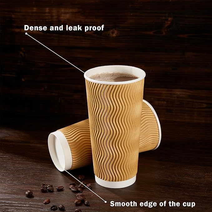 90 Pack 16 oz Disposable Coffee Cups No Lids, Champagne Insulated Ripple Wall Paper Coffee Cups 16oz, Kraft Corrugated Beverage Paper Cups for Hot Chocolate, Home, Travel, Office, Tea