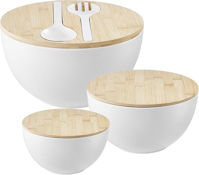 Large Salad Bowls with Bamboo Lids Set of 3, Mixing Nesting Bowls Round Serving Bowls with Servers for Salads, Kitchen Eating, Pastas, Popcorn, Chips, Trifle, Fruit, Food Prepare (White,10",8",6" )