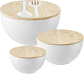 Large Salad Bowls with Bamboo Lids Set of 3, Mixing Nesting Bowls Round Serving Bowls with Servers for Salads, Kitchen Eating, Pastas, Popcorn, Chips, Trifle, Fruit, Food Prepare (White,10",8",6" )