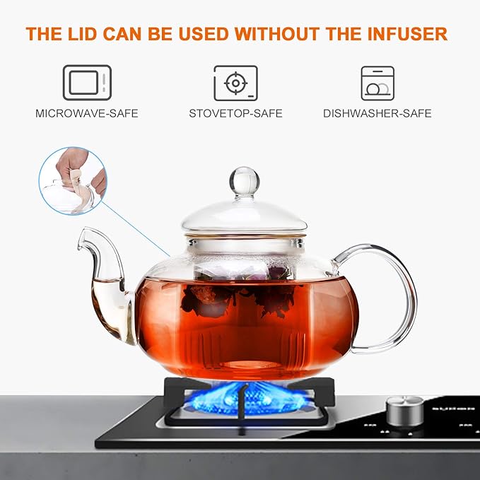 CnGlass 40.6oz/1200ml Glass Teapot with Removable Infuser,Stovetop Safe Tea Kettle,Blooming & Loose Leaf Tea Pot
