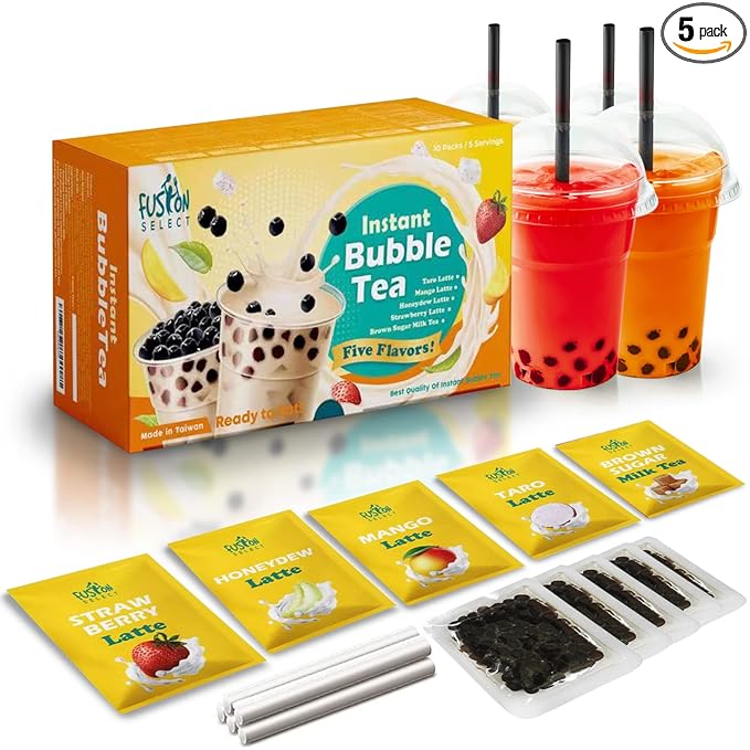 Fusion Select 5 Packs Taro, Mango, Honeydew, Strawberry Bubble Tea Kit Set With Extra Rich Tapioca Pearls, Straws