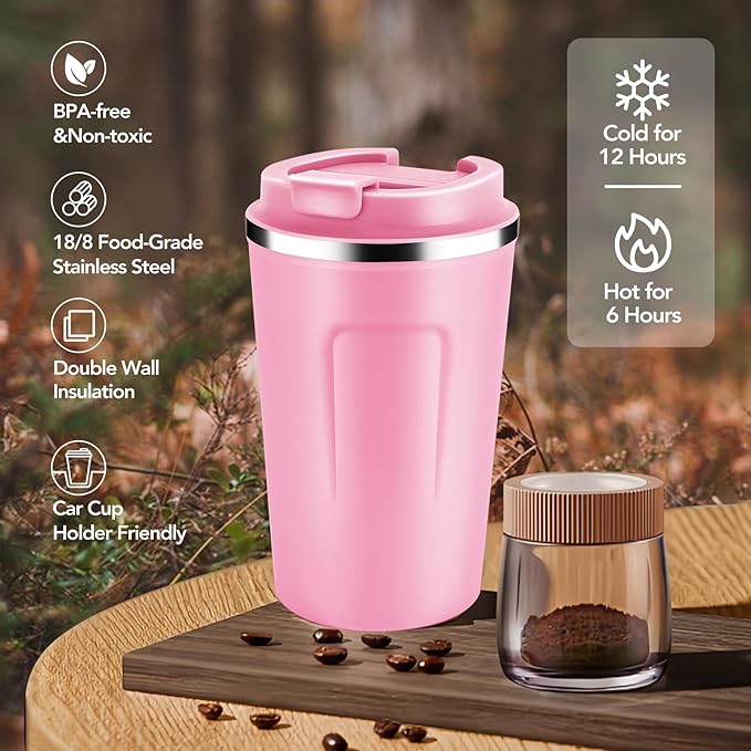 Volhoply 12 oz Double Wall Insulated Vacuum Travel Coffee Mug with Flip Lid Bulk 4 Pack,Reusable Stainless Steel Leak Proof Coffee Cups,Portable Cafe Thermal Tumbler for Hot & Cold Drinks(Pink,4 Set)