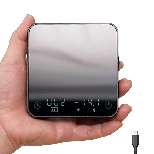 Minipress Coffee Scale, Auto Timer for Espresso and Pour-Over Coffee, Aluminum Body & Glass Top