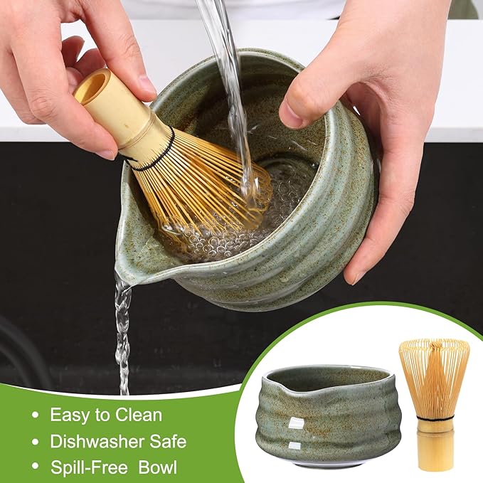 Matcha Whisk Set, 7 Pcs Matcha Kit Includes 18 oz Ceramic Matcha Bowl with Spout, Bamboo Whisk and Holder,Scoop with Stand, Sifter & Tea Towel, Complete Matcha Making Kit