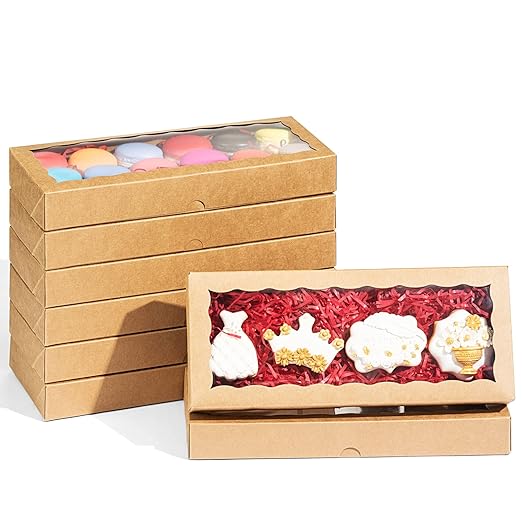 24PCS 12 x 5 x 1.5 inches Auto-Popup One Piece Premium Cookies Boxes, Kraft Brown Macaron Boxes Packaing, Bakery Box for Holiday Cookie Gift Sets