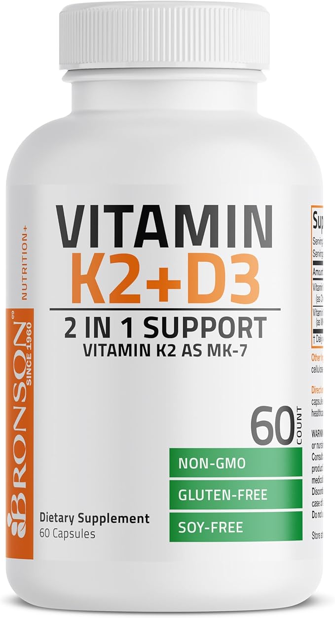 Bronson Vitamin K2 D3 (MK7) Supplement Non-GMO Formula Vitamin D3 5000IU (125 mcg) & 90 mcg K2 MK-7, Easy to Swallow D & K Complex, 60 Capsules