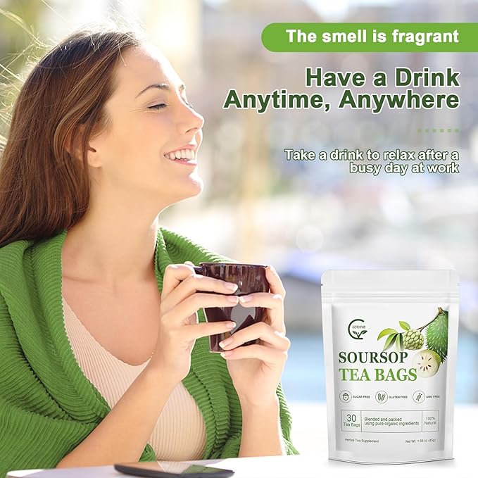 Organic Soursop Leaf Tea Bags | Annona Muricata Herbal Tea for Relaxation & Wellness | Caffeine-Free, Antioxidant Rich | 30 Count | Gluten-Free, Non-GMO