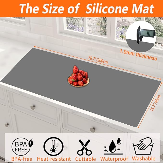 Large Silicone Placemat, 78.7''x15.7''(200cmx40cm) Extra Large Countertop Protector Mat, Heat Resistant Mat for Countertop with Non-Slip, Silicone Mats for Kitchen Counter/Crafts, Light Gray