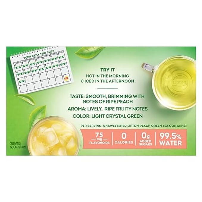 Lipton Peach Green Tea Bags, Flavored, Unsweetened Teabags for Hot Tea or Peach Iced Tea with Caffeine and Flavonoids, 20 Total Tea Bags