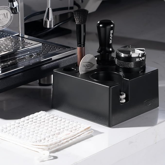 IKAPE 53MM Black Espresso Tool Set 8 IN 1, Coffee Tamper, Distributor, Magnetic Funnel, Puck Screen, Tamper Station, Stirrer Distribution Tool, Cleaning Towel and Brush