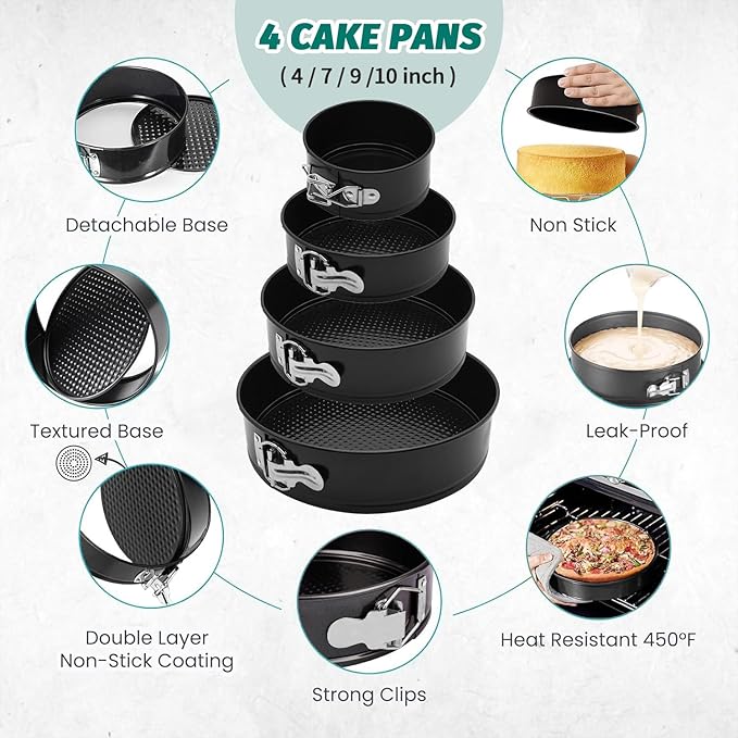 SHIKORI Cake Pan Set for Baking, Non-Stick Springform Pans Set of 4 (4, 7, 9 10 inch), Round Cheesecake Pan, Leak-Proof Cake Pans with Removable Bottom-Black 4 Pcs