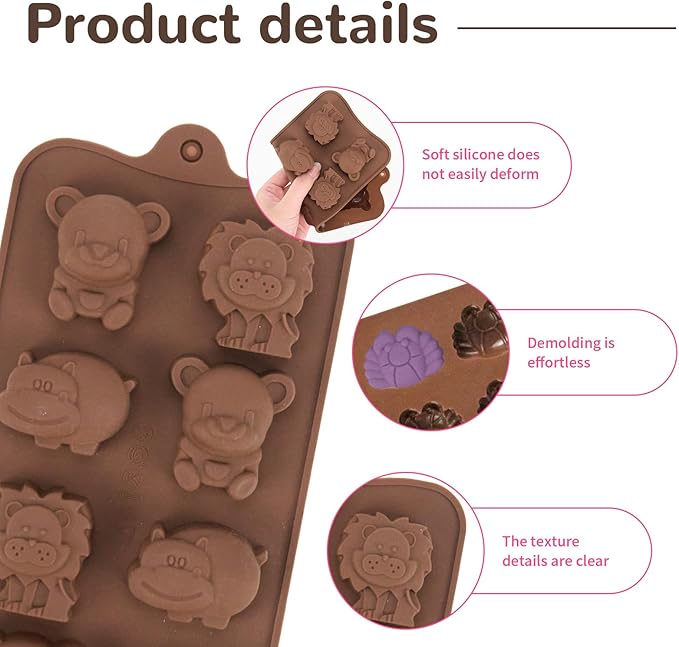 3 Pcs Non-Stick Brown Animal Themed Chocolate and Fondant Silicone Baking Molds with Wax Melt Function