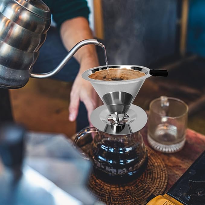 Pour Over Coffee Dripper-Stainless Steel Coffee Filter,Reusable Drip Cone Coffee Filter Portable Pour for 1-4 Cup (With Base, M)