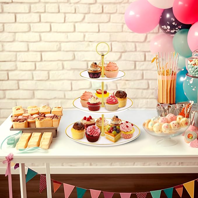 PinCute Cupcake Stand Holder - 3 Tier Cup Cake Dessert Tower, Plastic Tiered Serving Tray&Metal Rod for Birthday Party, Baby Shower and More