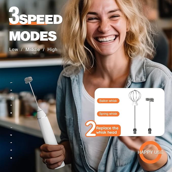 Milk Frother Rechargeable Handheld Electric Whisk Coffee Frother Mixer with 2 Stainless whisks 3 Speed Adjustable Foam Maker Blender for Coffee Matcha Latte Cappuccino Hot Chocolate(White)