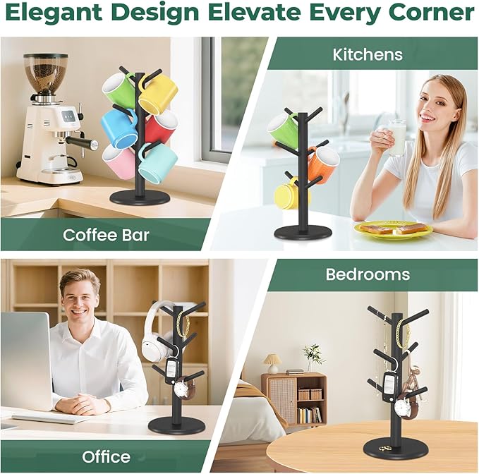 EsLuker.ly Mug Holder Tree, Bamboo Coffee Cup Display Rack with 6 Hooks for Home Kitchen Counter, Wood Mug Stand Station Organizer, Black, A Must-Have for Coffee Lover