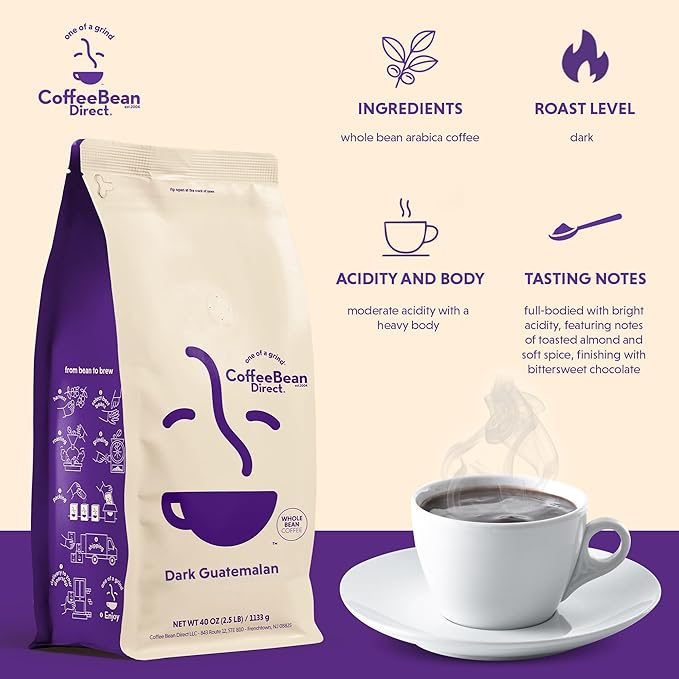 Coffee Bean Direct Dark Guatemalan, Whole Bean Coffee, Dark Roast, 2.5 Pound Bag (Pack of 1)