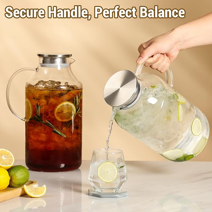 2 Pack 1 Gallon thickened Glass Pitcher with Lid and Spout, Borosilicate Glass Carafe for Hot/Cold Drink, Water Pitchers for Fridge, Extra Large Jug with Handle for Iced Tea, Coffee,Juice, Beverage