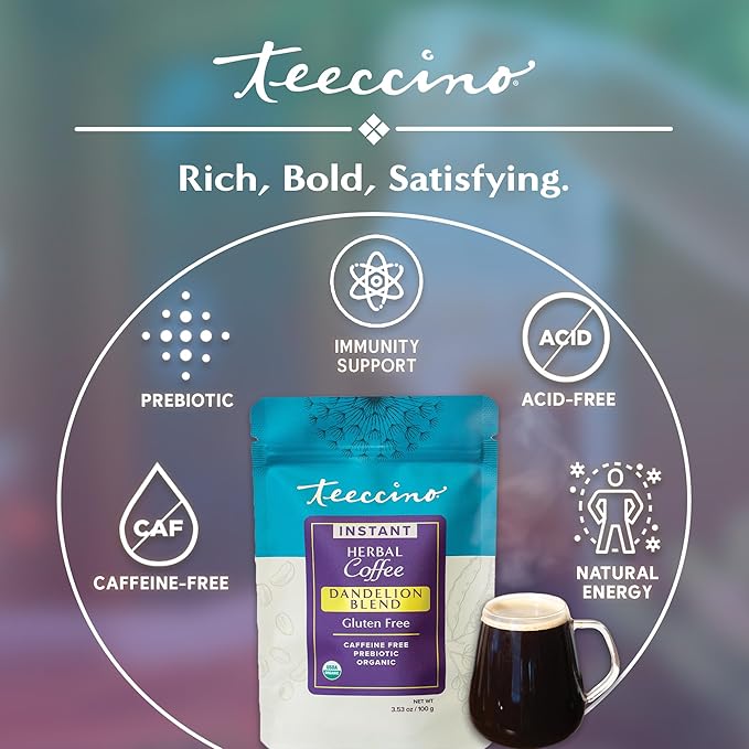 Teeccino Instant Organic Dandelion Blend – 33 servings – Gluten Free Instant Microground Herbal Coffee with Chicory & Dandelion Roots That’s Prebiotic, Caffeine-Free, and Acid-Free – 3.5 ounces