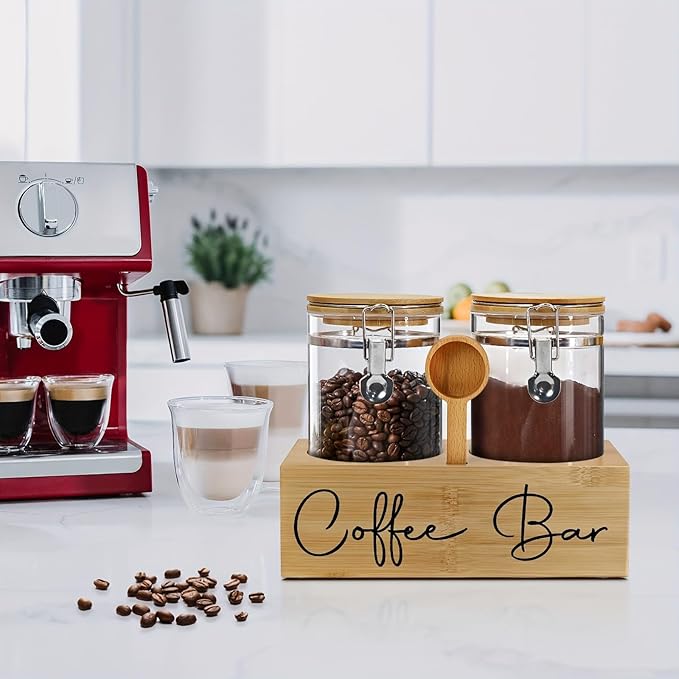 Glass Coffee Canister Set with Bamboo Shelf & Spoon - 2 Airtight Containers (47oz Each) for Coffee Beans, Ground Coffee, Sugar, Flour - Borosilicate Glass & Bamboo Lid with Silicone Seal