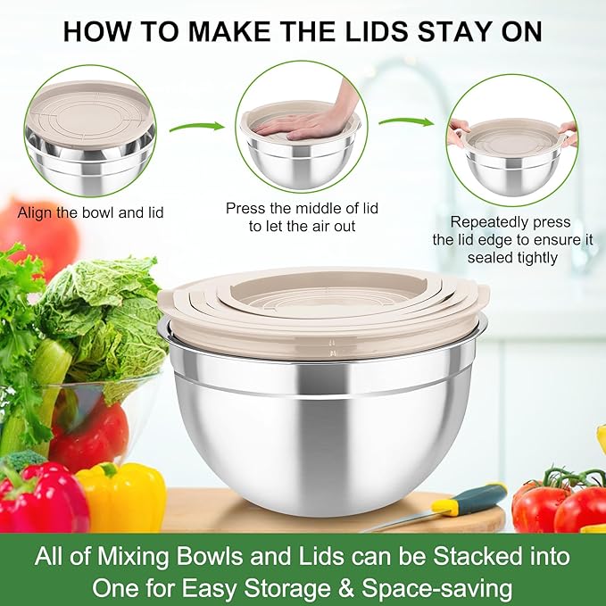 TeamFar Mixing Bowls with Airtight Lids, 5PCS Stainless Steel Metal Salad Bowl with 3 Grater Attachments, for Cooking, Prepping, Serving, Healthy & Easy Clean - 0.7/1/1.5/2.6/4.6QT, Khaki
