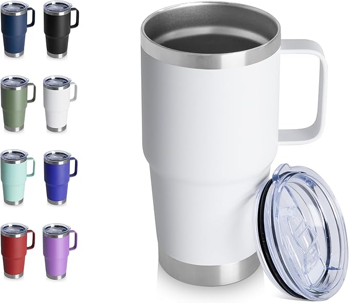 HASLE OUTFITTERS 20oz Tumbler with Handle, Stainless Steel Tumbler with Lid Metal Insulated Travel Coffee Mug Double Wall Vacuum Spill Proof Reusable Coffee Cup, White 1 Pack