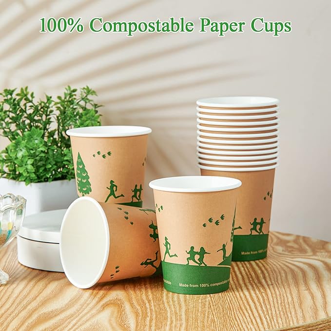 ECOLipak 300 Count Compostable Paper Cups, 8 oz Biodegradable Disposable Paper Coffee Cups with PLA Lined, Eco friendly Hot Drinking Cups for Party, Picnic,Travel,and Events